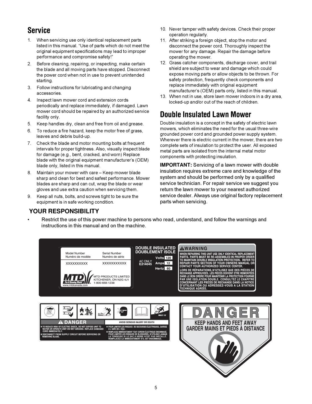 MTD 769-01445 manual Service, Double Insulated Lawn Mower 