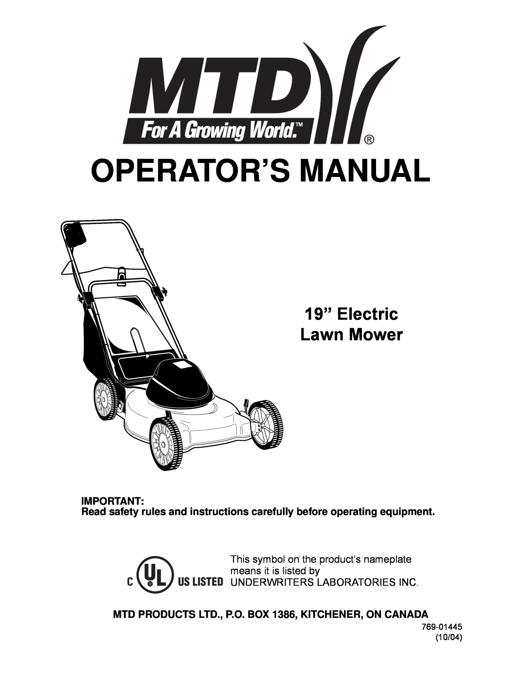 MTD 769-01445 manual Operator’S Manual, This symbol on the product’s nameplate means it is listed by 