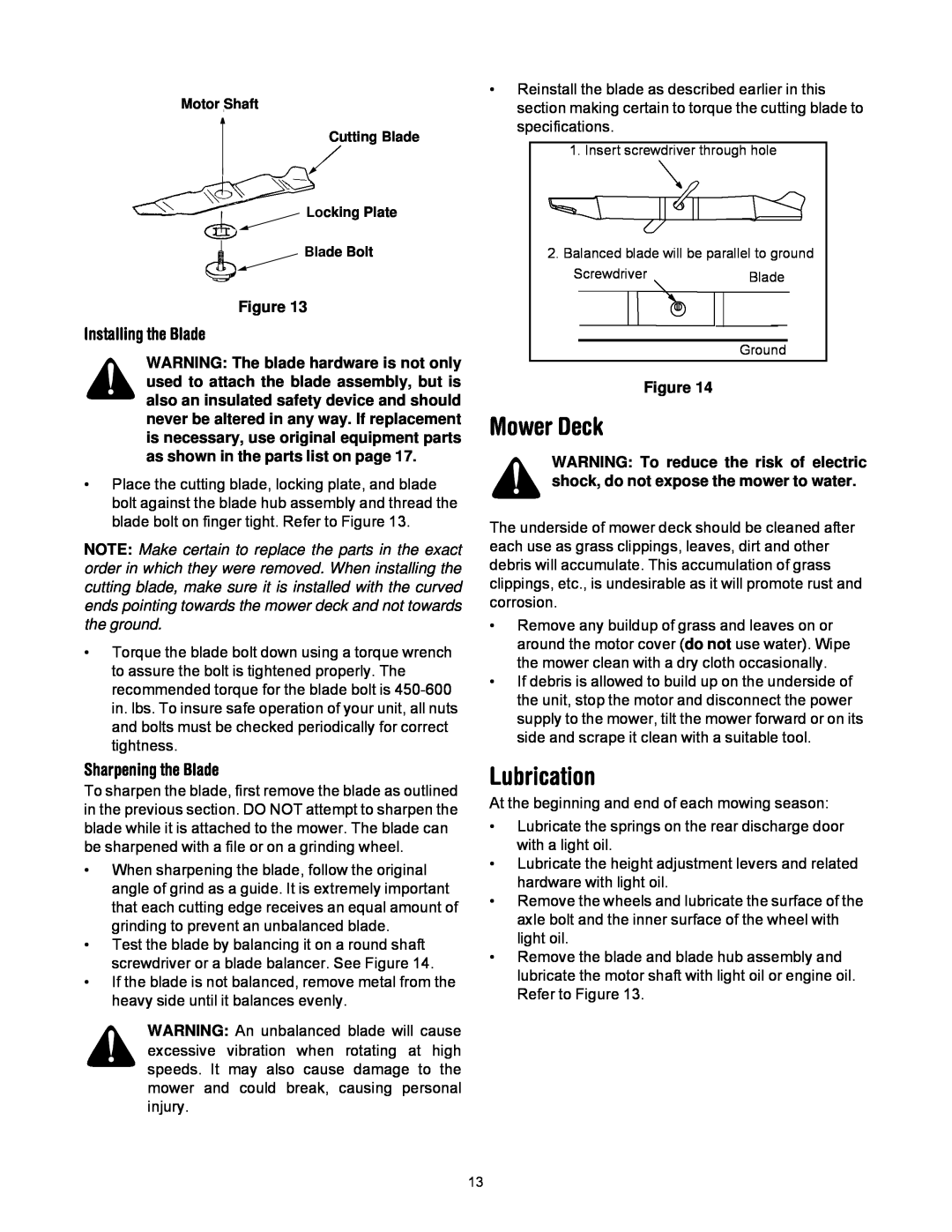 MTD 769-01445 manual Mower Deck, Lubrication, Installing the Blade, Sharpening the Blade 