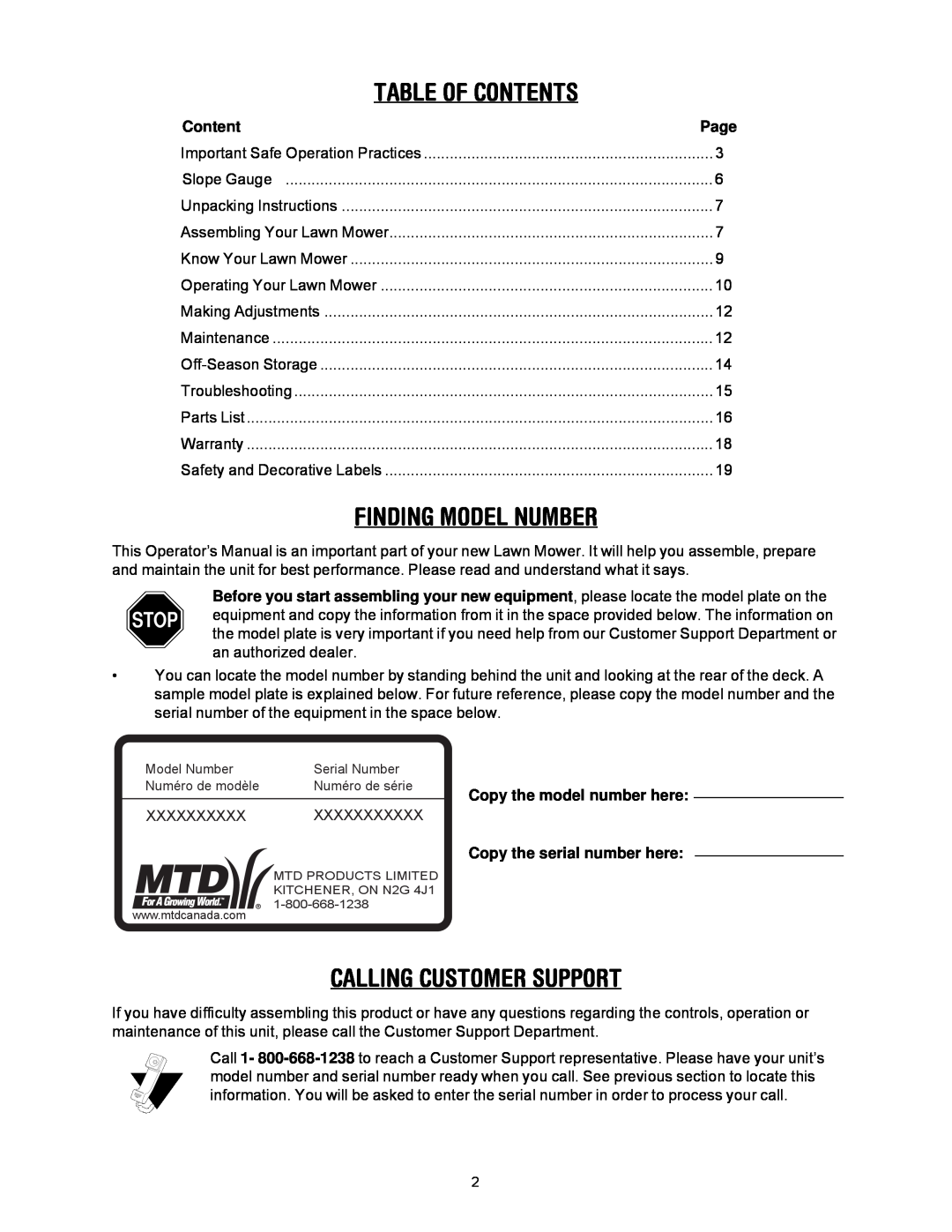 MTD 769-01445 manual Table Of Contents, Finding Model Number, Calling Customer Support, Xxxxxxxxxxx 