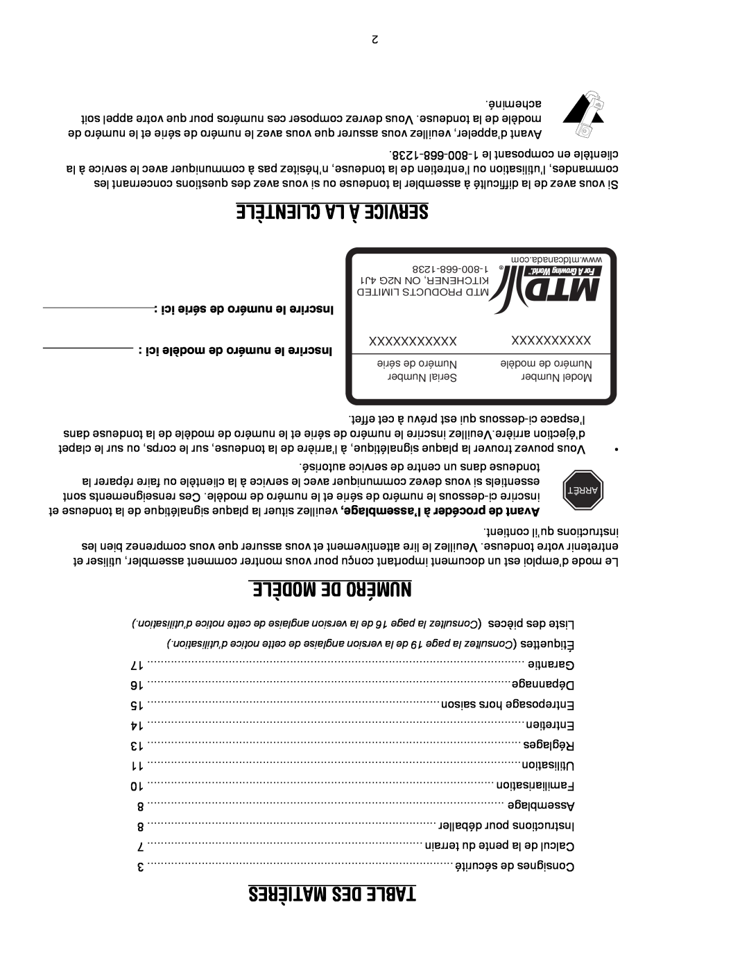 MTD 769-01445 manual Modèle De Numéro, Matières Des Table, Clientèle La À Service 
