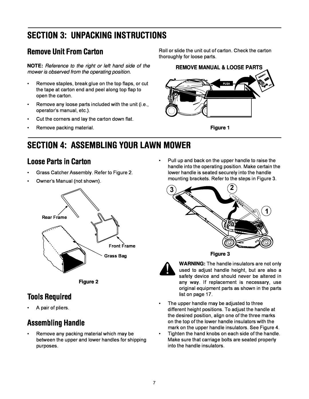 MTD 769-01445 manual Unpacking Instructions, Assembling Your Lawn Mower, Remove Unit From Carton, Loose Parts in Carton 
