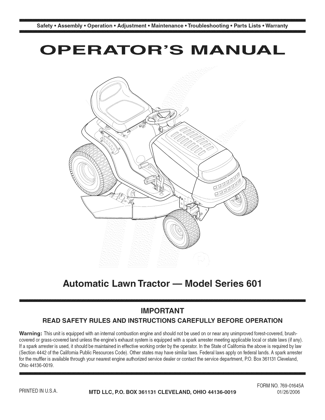 MTD warranty FORMNO.769-01645A, MTD LLC, P.O. BOX 361131 CLEVELAND, Ohio, 01/26/2006 