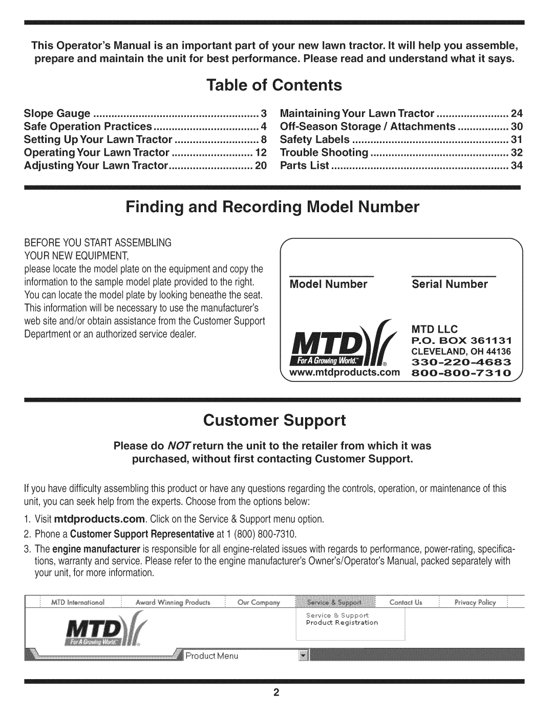 MTD 769-01645A warranty Customer Support 