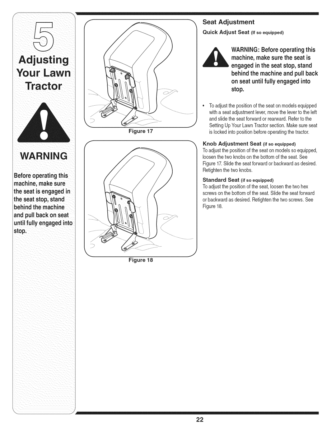 MTD 769-01645A warranty Before operating this machine, make sure, Seat is engaged, Seat Adjustment 