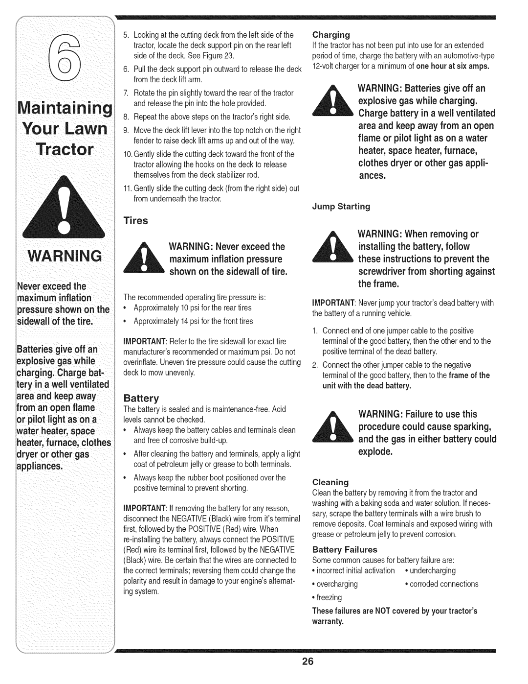 MTD 769-01645A warranty Tires Maximum inflation pressure, Appliances Battery, Procedure could cause sparking Explode 