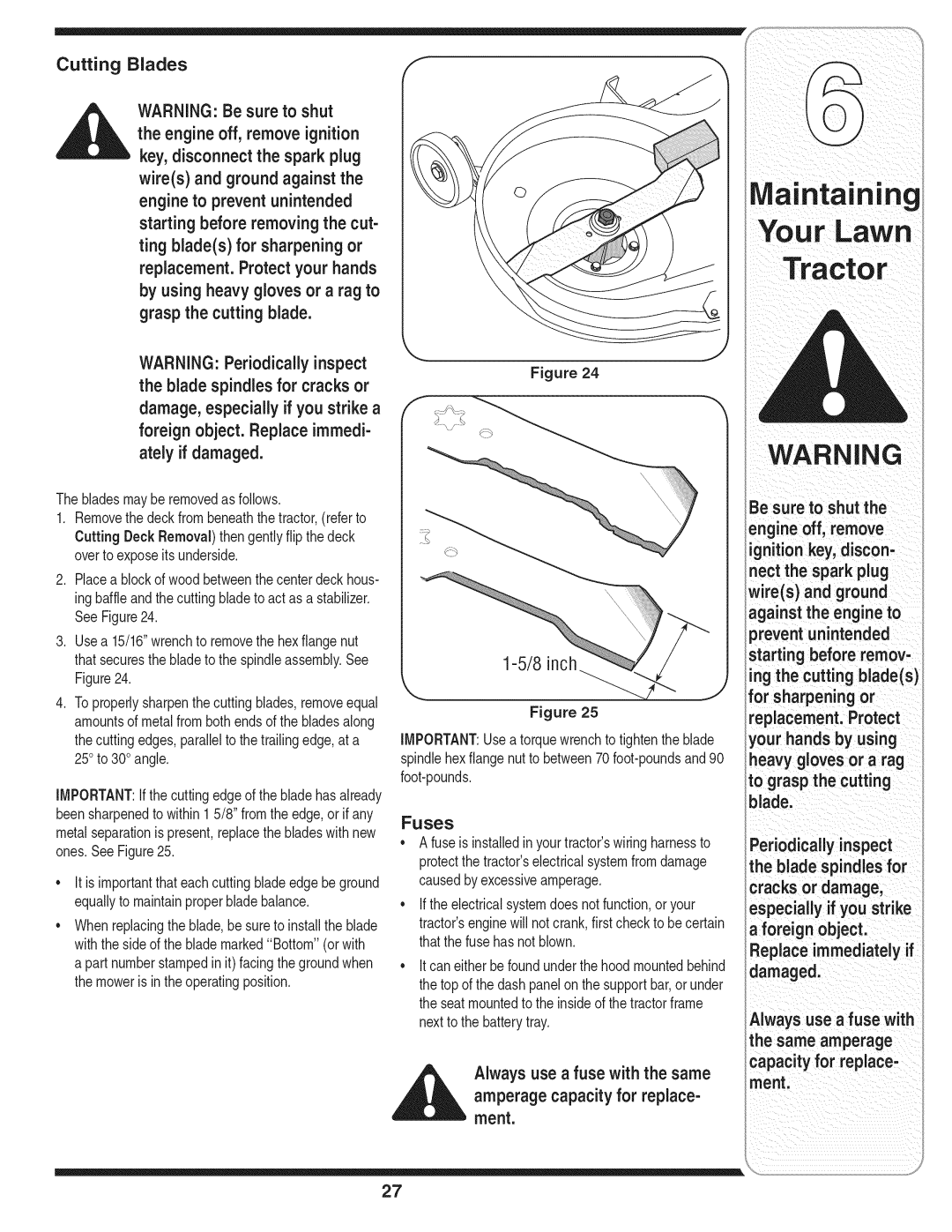 MTD 769-01645A warranty Cutting Blades, inch, Fuses, Always use a fuse with, Bladesmayberemovedas follows 