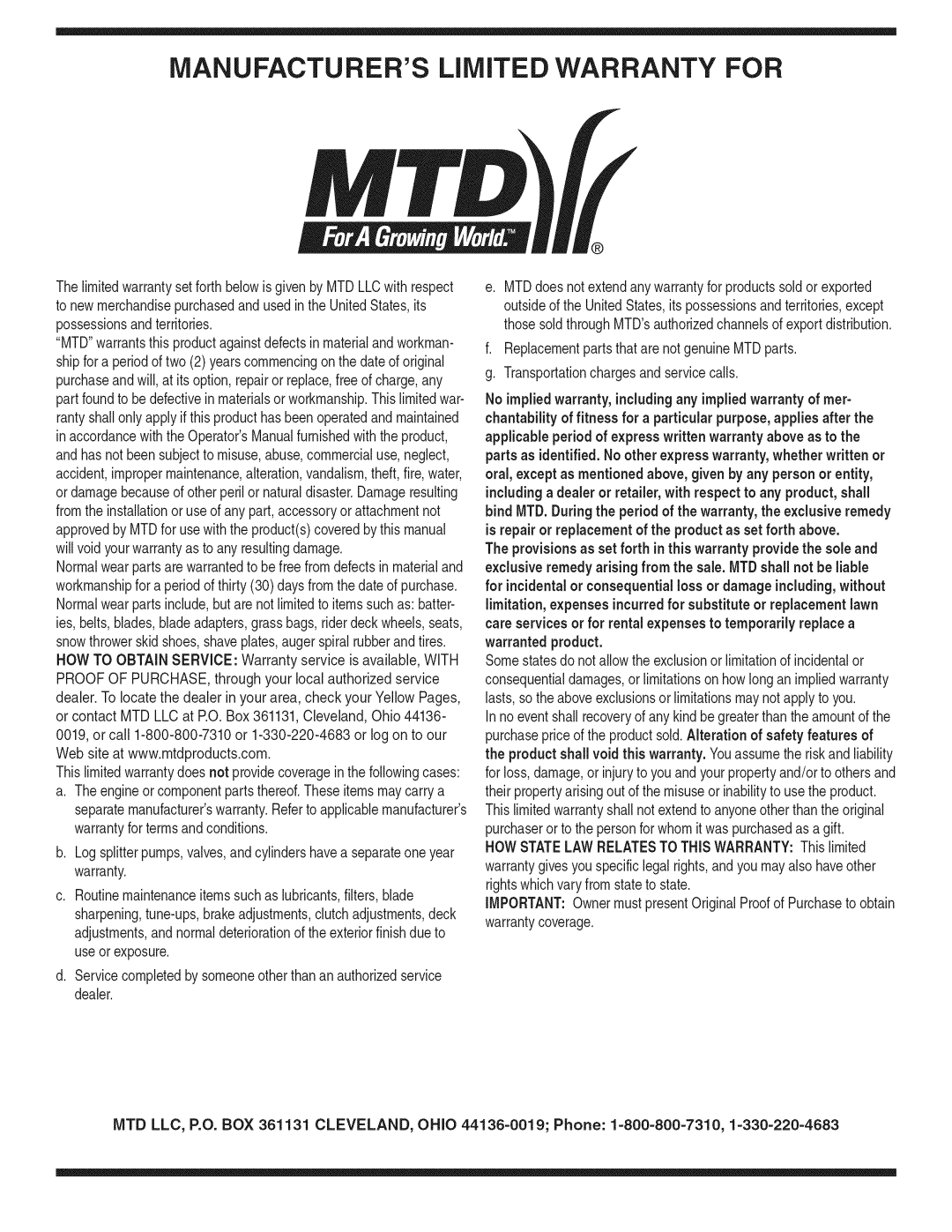 MTD 769-01645A No impliedwarranty,includingany impliedwarrantyof mer 