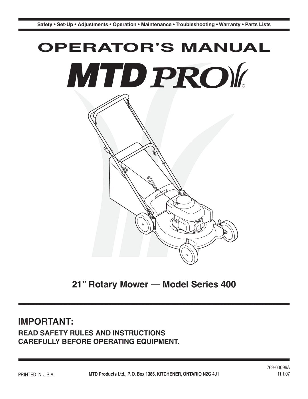 MTD 769-03096A warranty OPERATOR’S Manual, Rotary Mower Model Series 