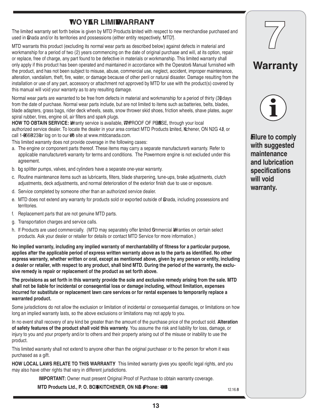 MTD 769-03096A warranty TWO Year Limited Warranty 