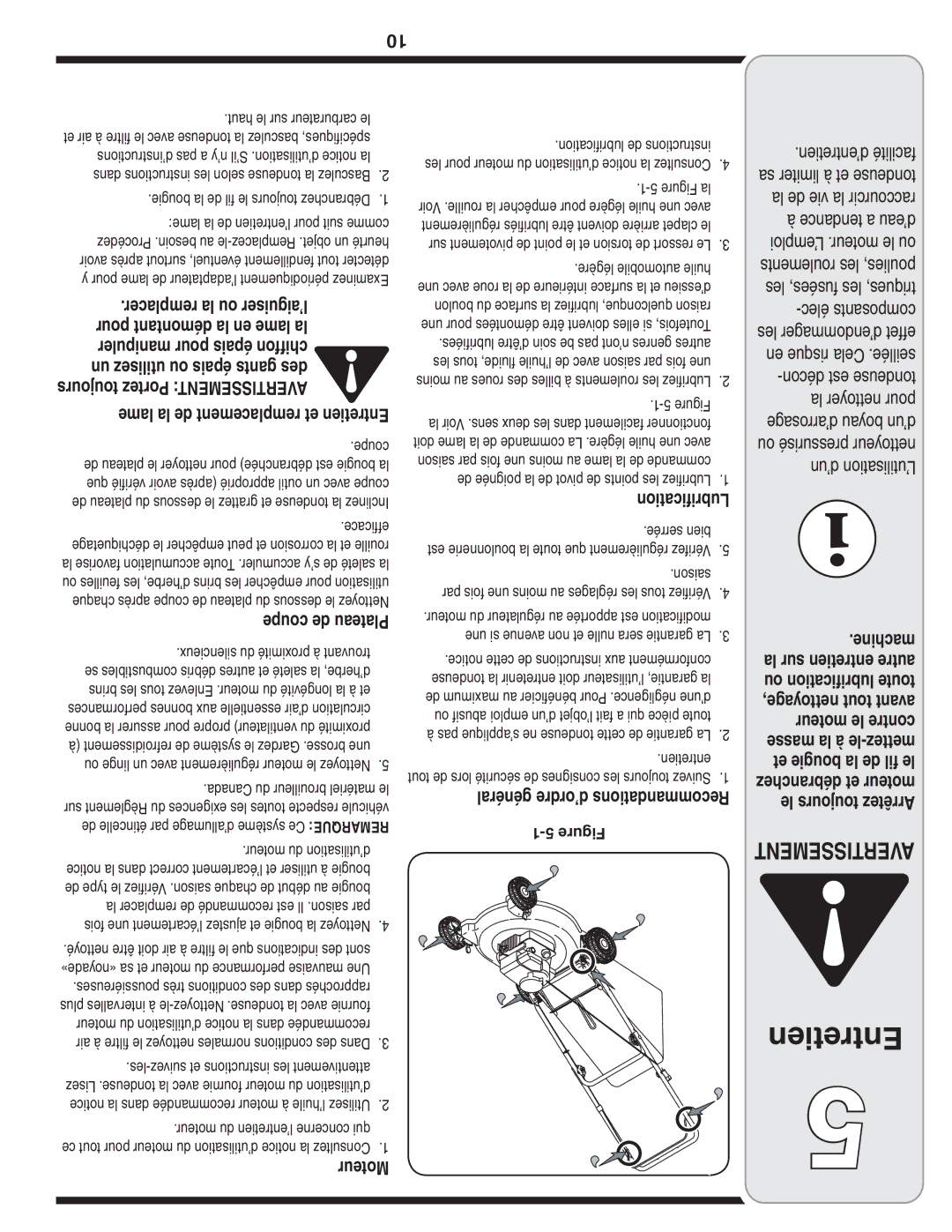 MTD 769-03096A warranty Lame la de remplacement et Entretien, Coupe de Plateau, Moteur, Lubrification 