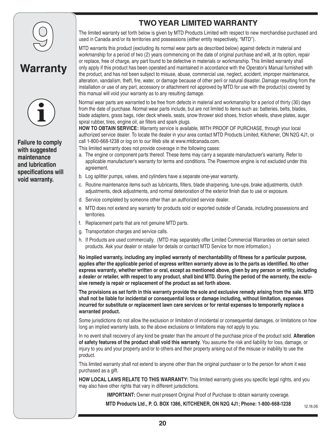 MTD 769-03244 warranty TWO Year Limited Warranty 