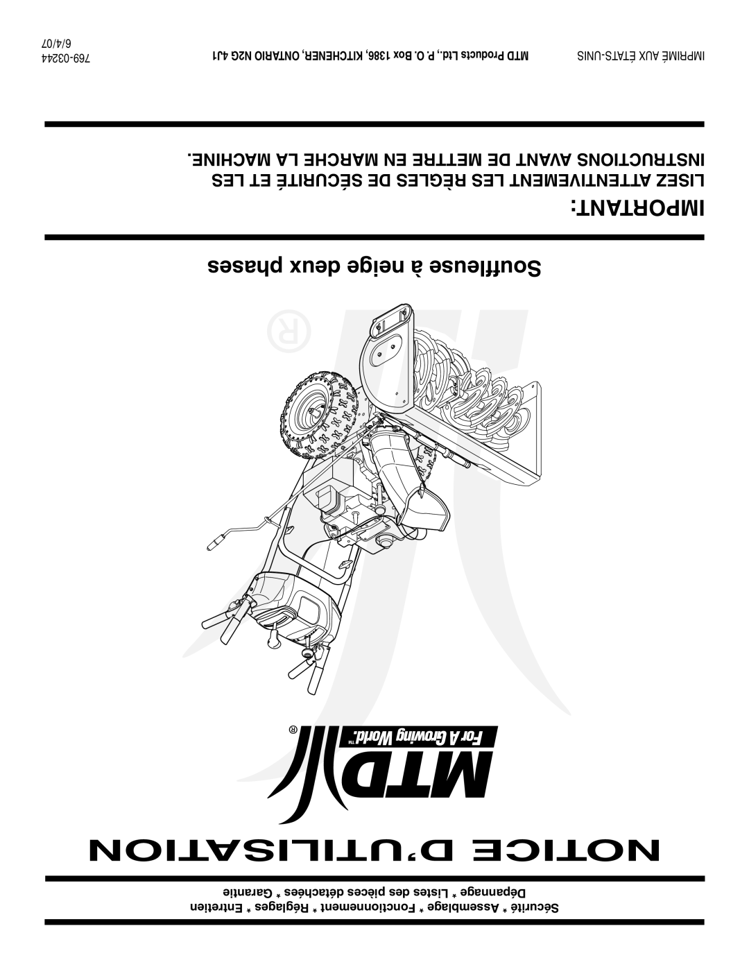 MTD 769-03244 warranty Important phases deux neige à Souffleuse, 03244-769 