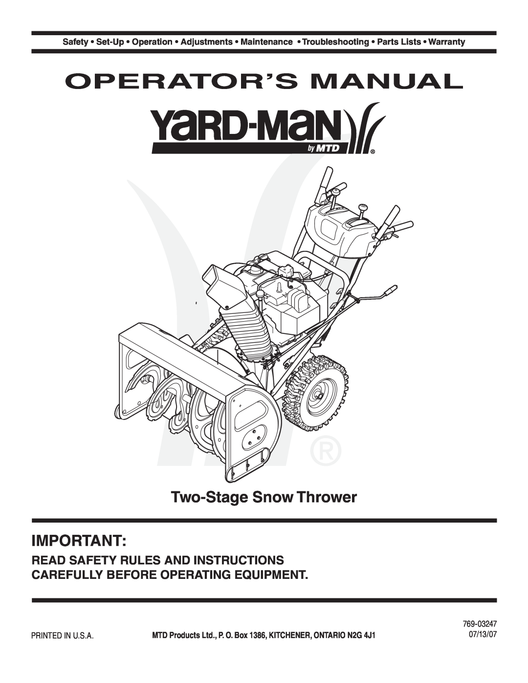 MTD 769-03247 warranty Operator’S Manual, Two-Stage Snow Thrower, Read Safety Rules And Instructions 