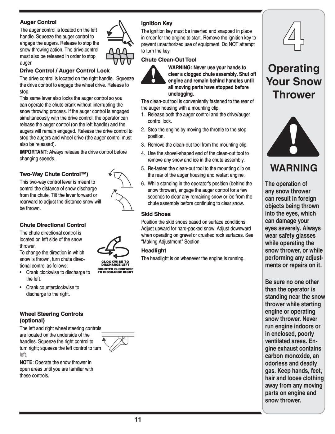 MTD 769-03247 Operating Your Snow Thrower, Drive Control / Auger Control Lock, Two-Way Chute Control, Ignition Key 