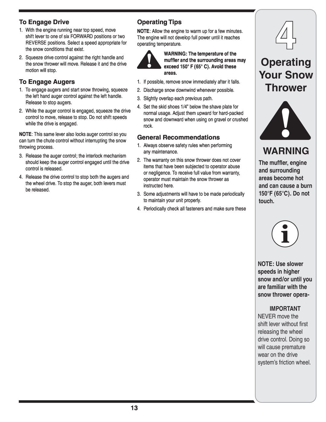 MTD 769-03247 Operating Your Snow Thrower, To Engage Drive, To Engage Augers, Operating Tips, General Recommendations 