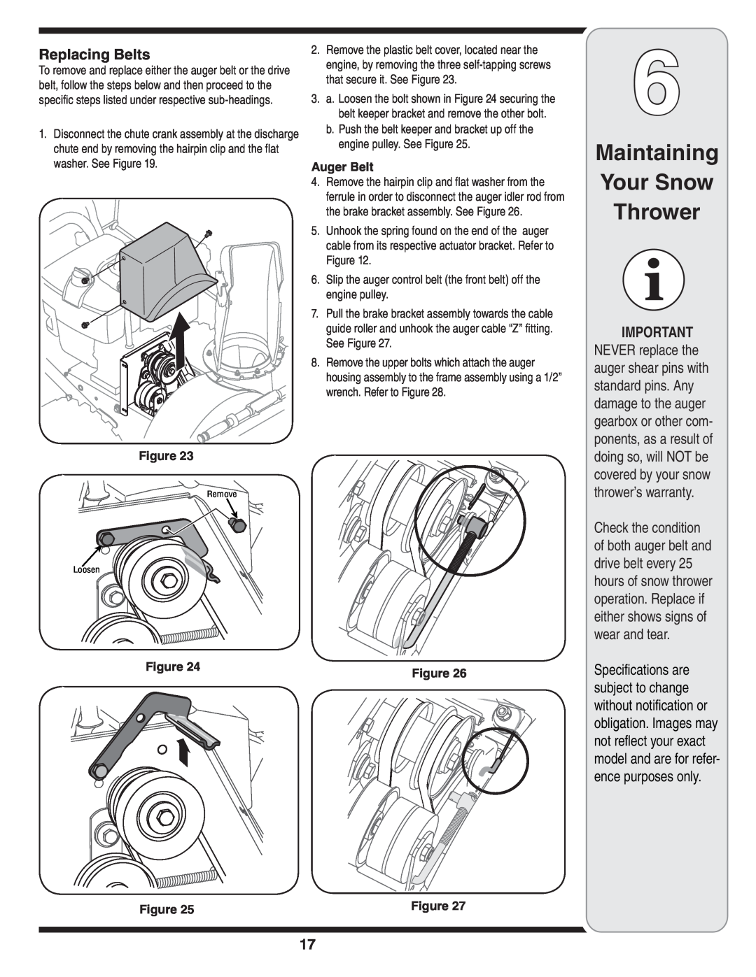 MTD 769-03247 warranty Maintaining Your Snow Thrower, Replacing Belts, Auger Belt 