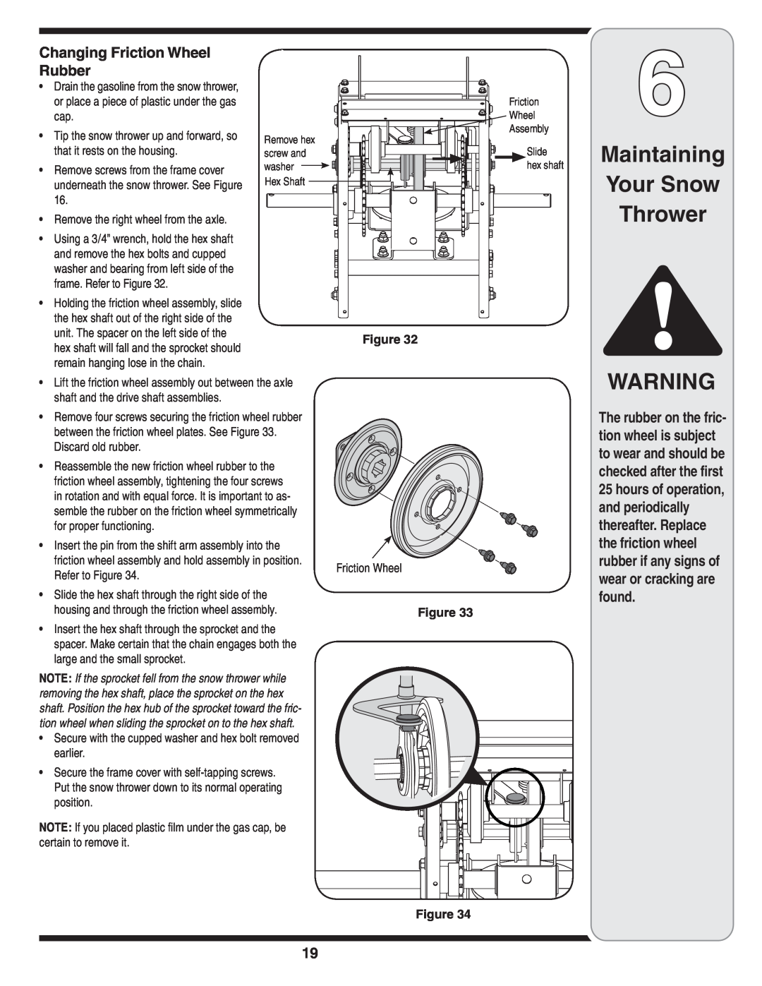 MTD 769-03247 warranty Maintaining Your Snow Thrower, Changing Friction Wheel Rubber, Remove hex screw and washer Hex Shaft 