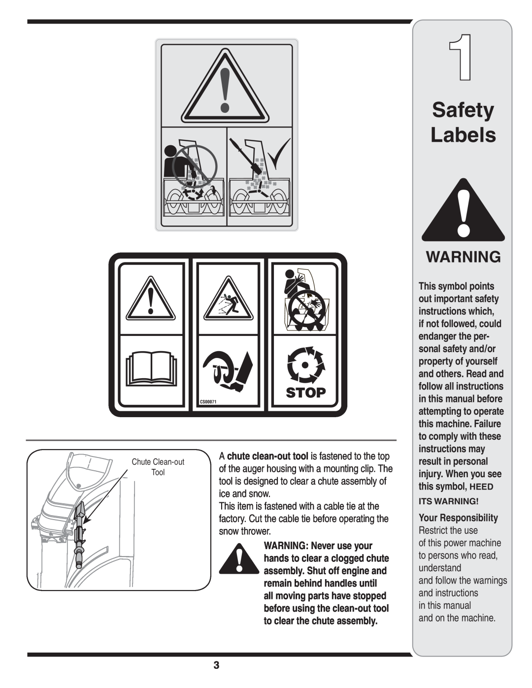 MTD 769-03247 warranty Safety Labels, in this manual and on the machine, ITS WARNING Your Responsibility Restrict the use 
