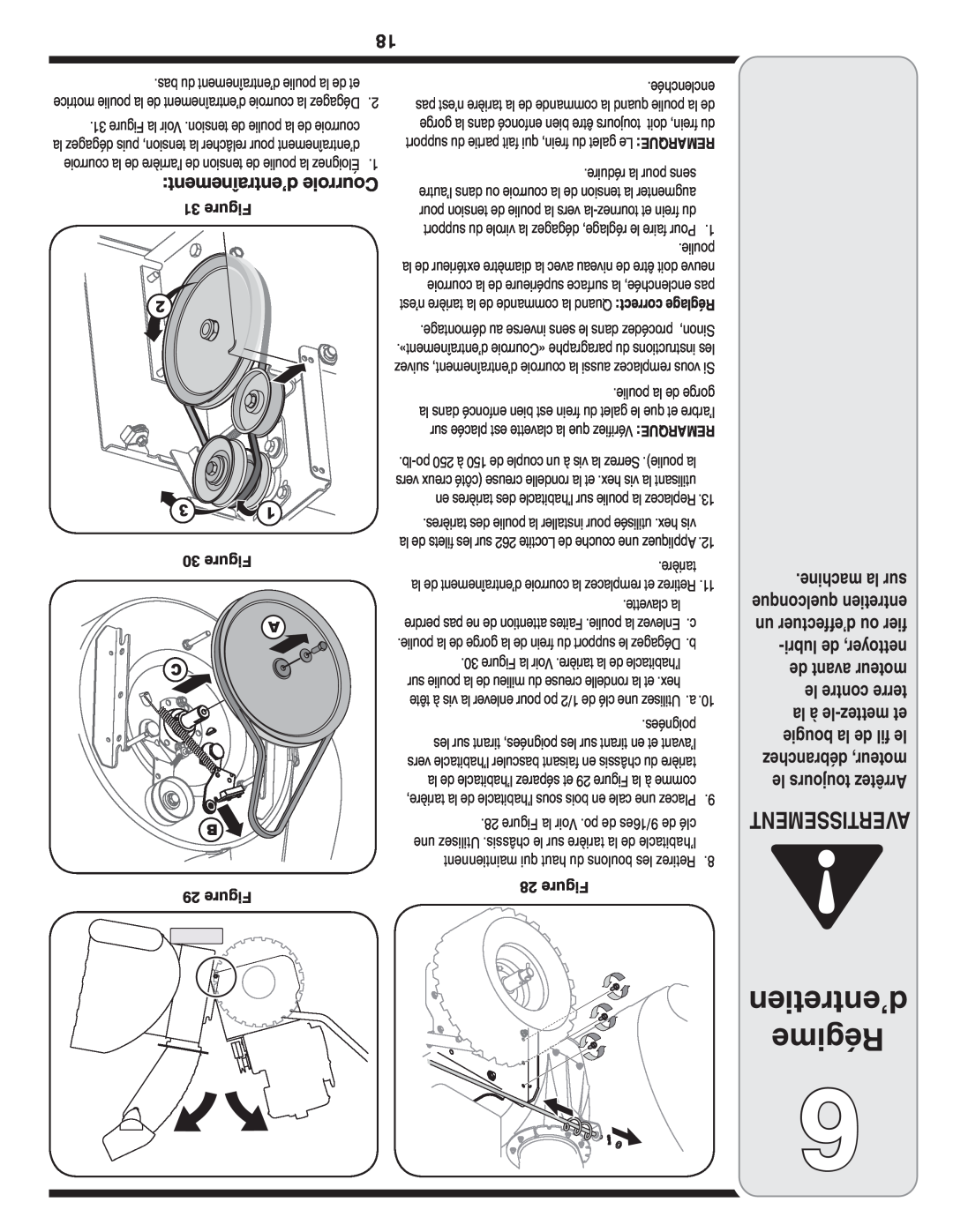 MTD 769-03247 warranty d’entretien Régime, Avertissement, d’entraînement Courroie, Figure 