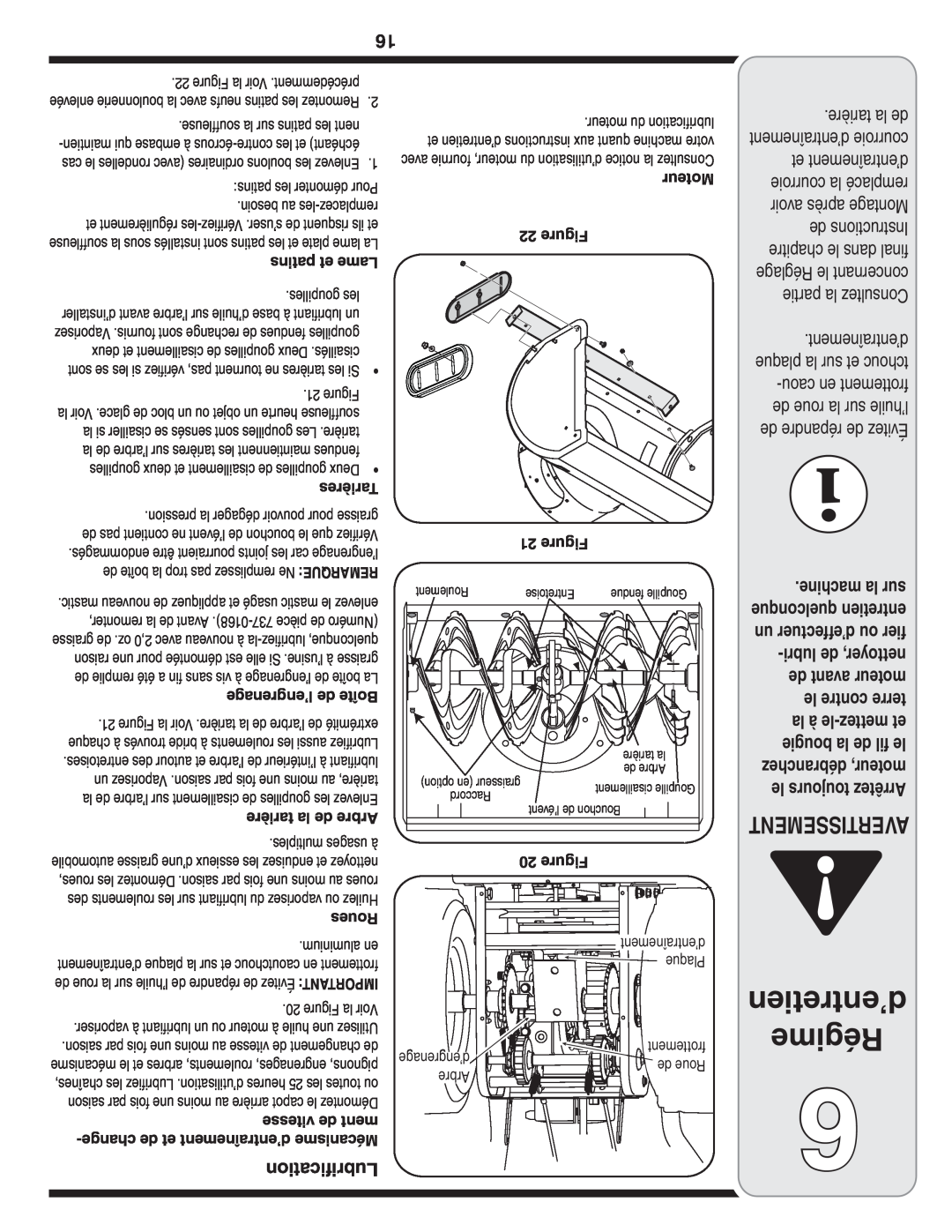 MTD 769-03247 warranty d’entretien Régime, Avertissement, Roues, vitesse de ment, Moteur, patins et Lame, Tarières 