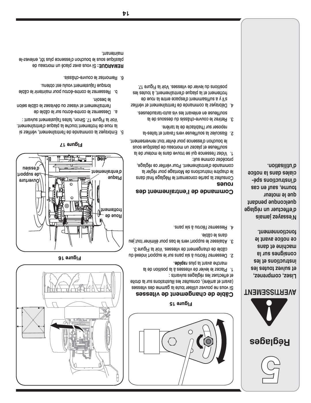 MTD 769-03247 Réglages, Avertissement, d’essieu, support de, Ouverture, vitesses de changement de Câble 15 Figure 