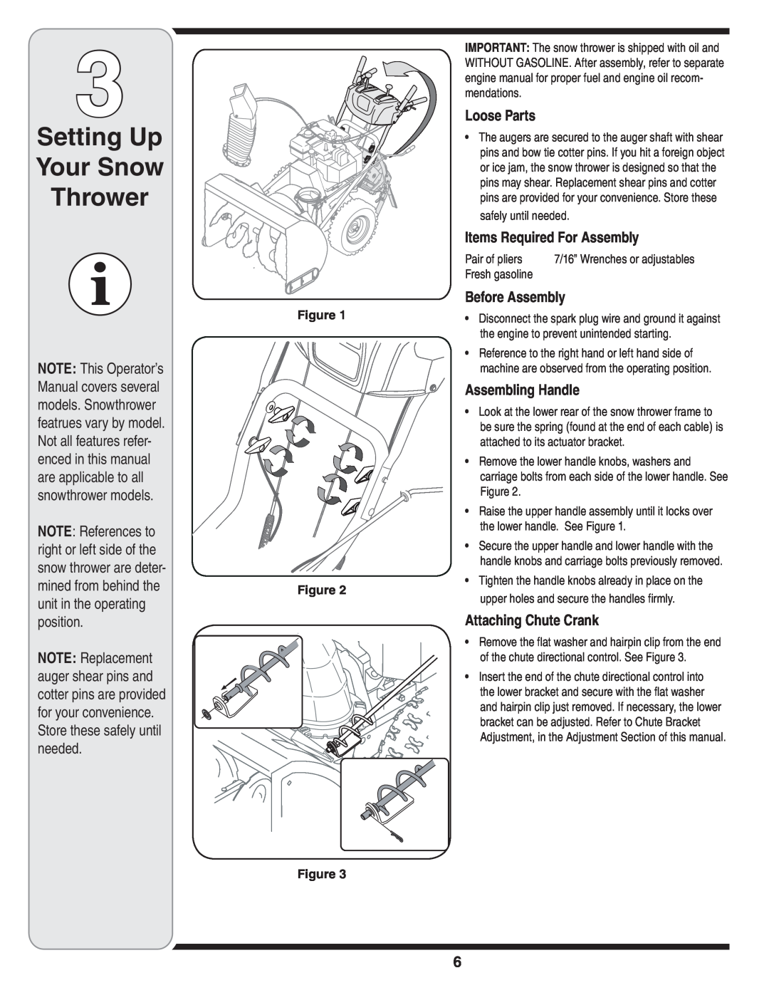 MTD 769-03247 Setting Up Your Snow Thrower, Loose Parts, Items Required For Assembly, Before Assembly, Assembling Handle 