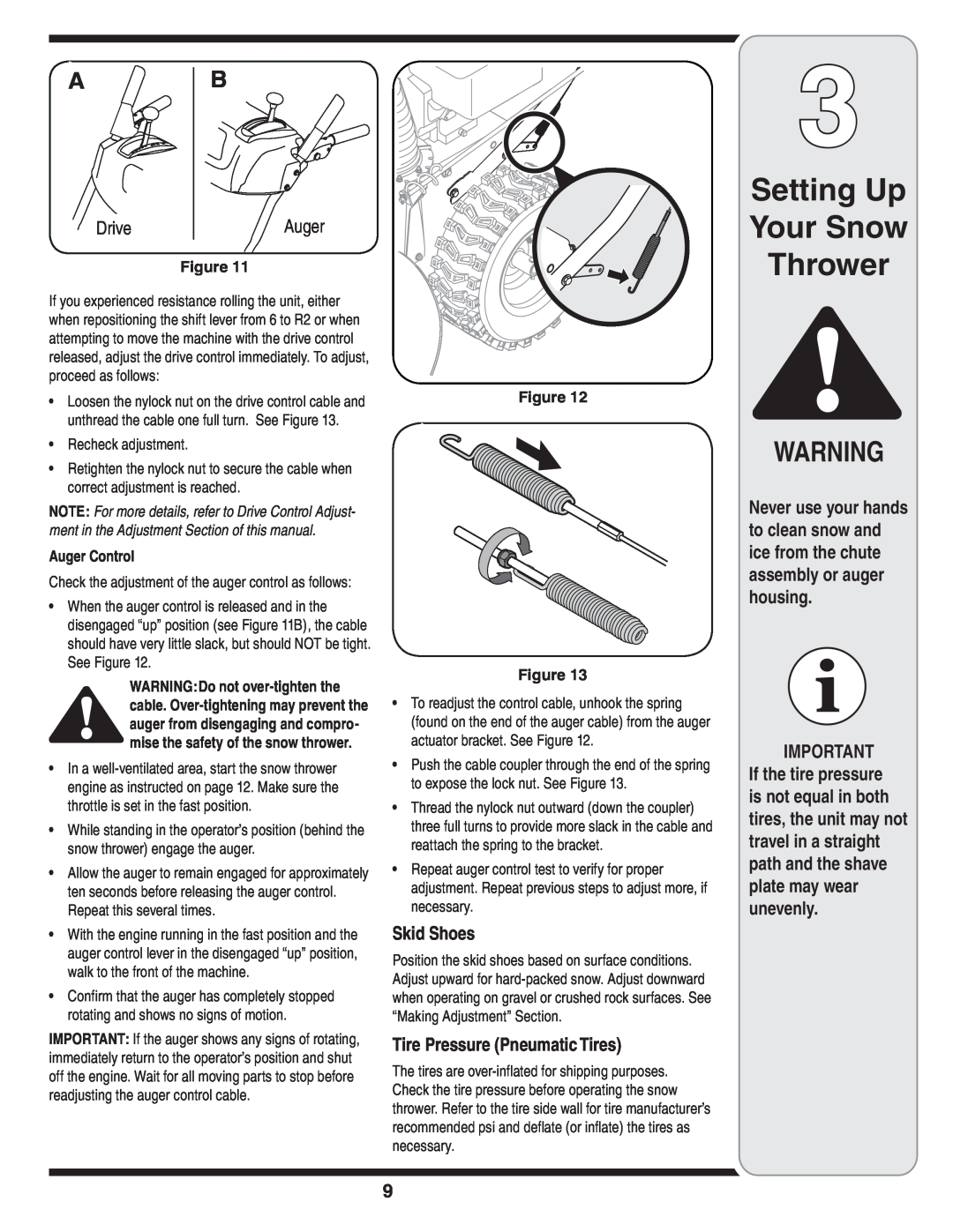 MTD 769-03247 warranty Setting Up Your Snow Thrower, Skid Shoes, Tire Pressure Pneumatic Tires 