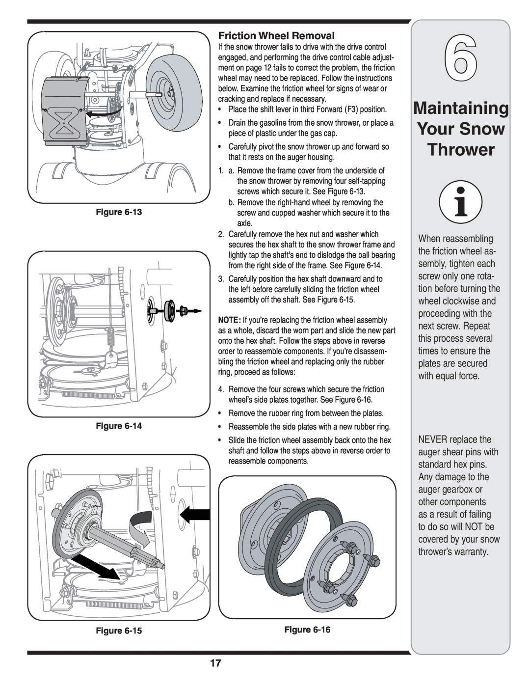 MTD 769-03250 warranty Maintaining Your Snow Thrower, Friction Wheel Removal, Figure Figure Figure 