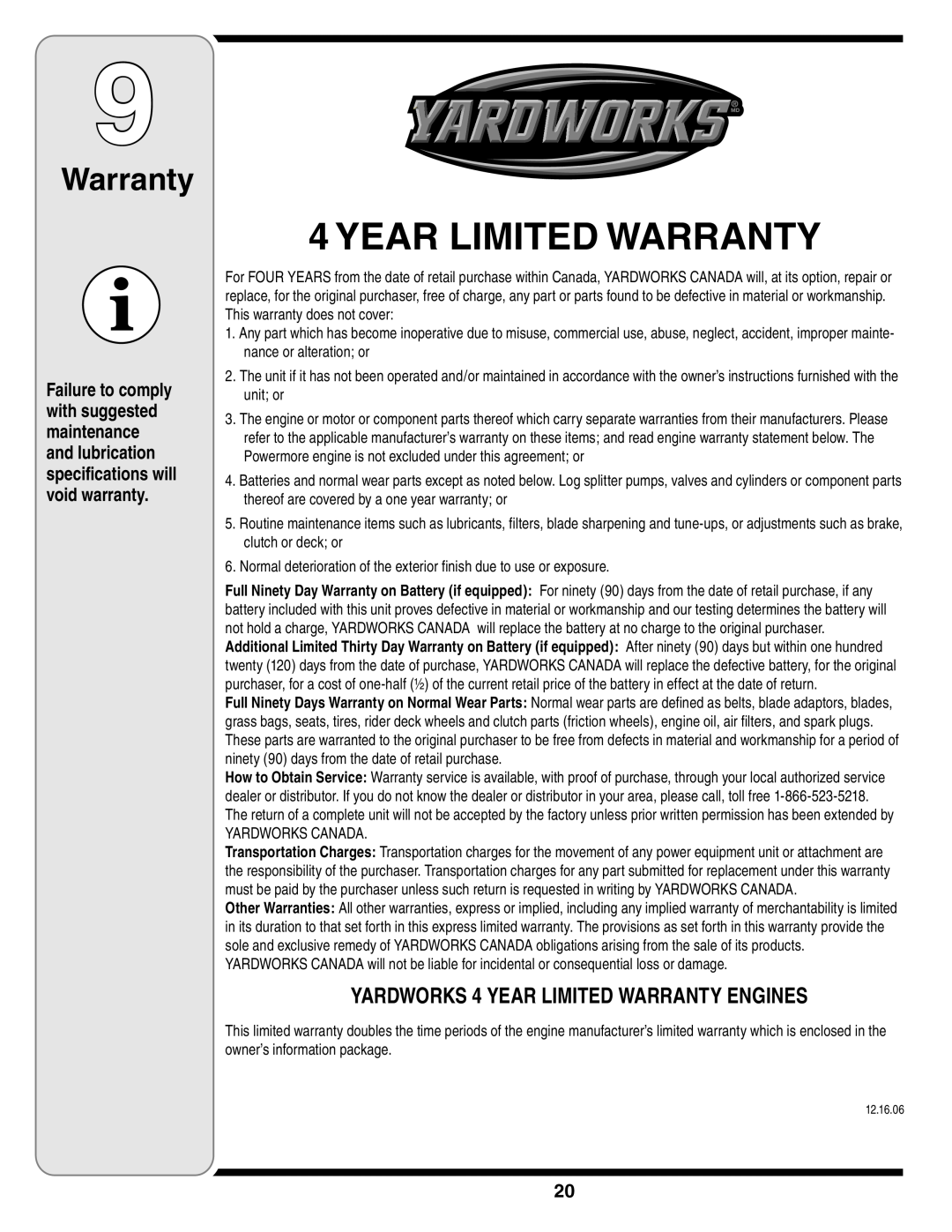 MTD 769-03250 warranty Year Limited Warranty, YARDWORKS 4 YEAR LIMITED WARRANTY ENGINES 