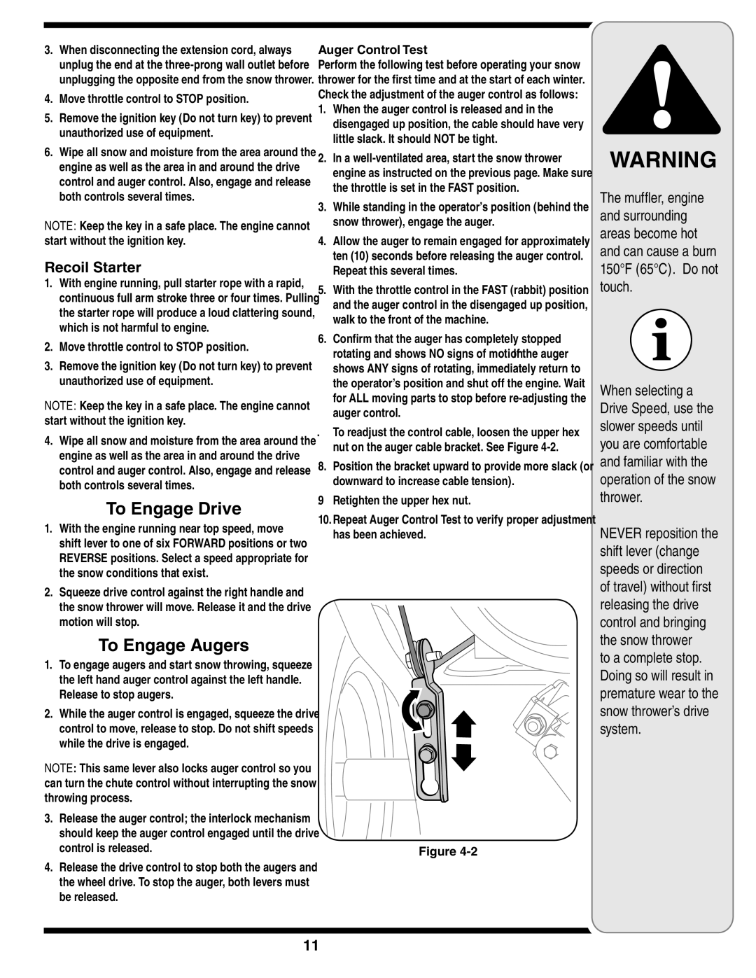 MTD 769-03250 warranty To Engage Drive, To Engage Augers, Recoil Starter, Auger Control Test 