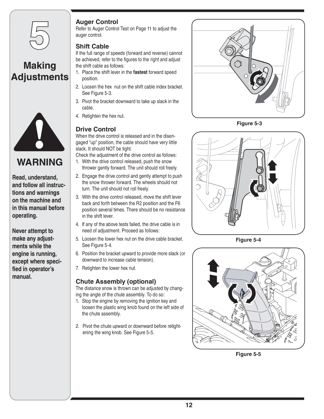 MTD 769-03250 warranty Making Adjustments, Shift Cable, Drive Control, Chute Assembly optional, Retighten the lower hex nut 