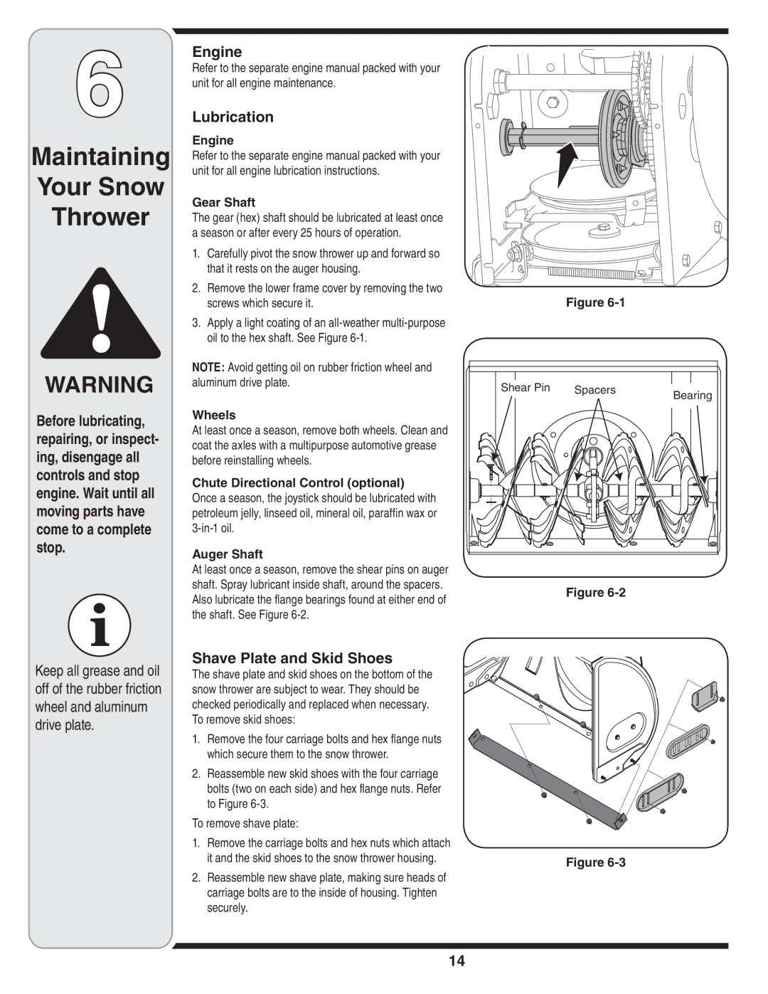 MTD 769-03250 warranty Maintaining Your Snow Thrower, Engine, Lubrication, Shave Plate and Skid Shoes 