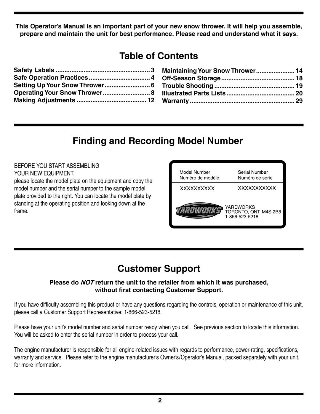 MTD 769-03250 warranty Table of Contents, Finding and Recording Model Number, Customer Support 