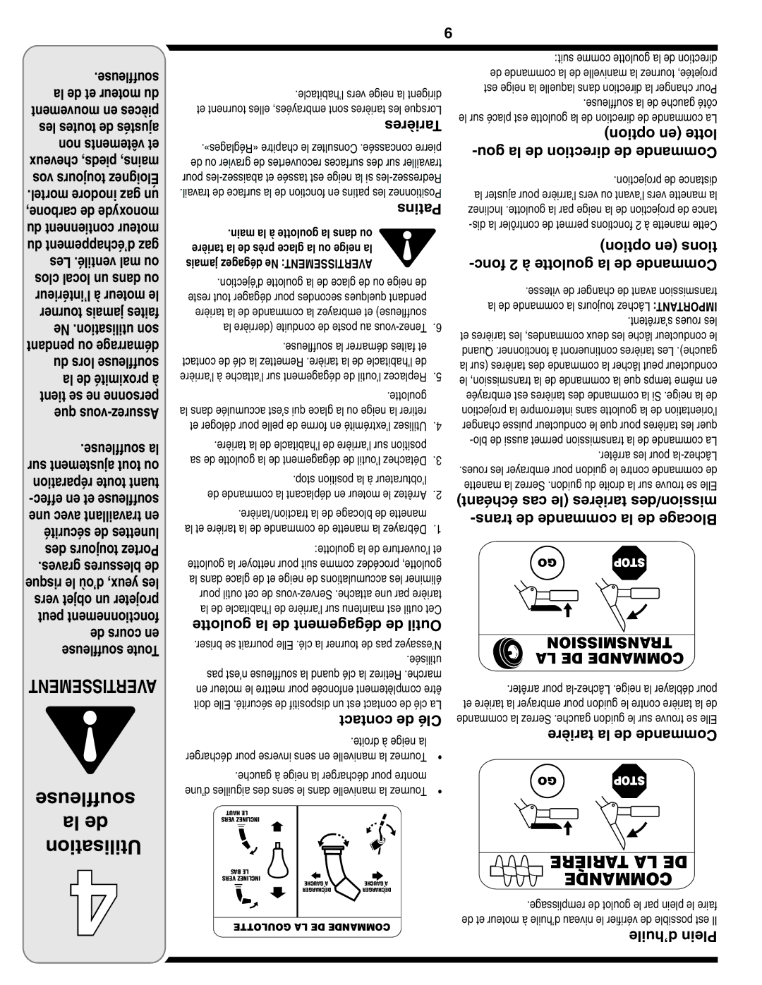 MTD 769-03250 warranty Goulotte la de dégagement de Outil, Contact de Clé, Option en tions Goulotte la de Commande 