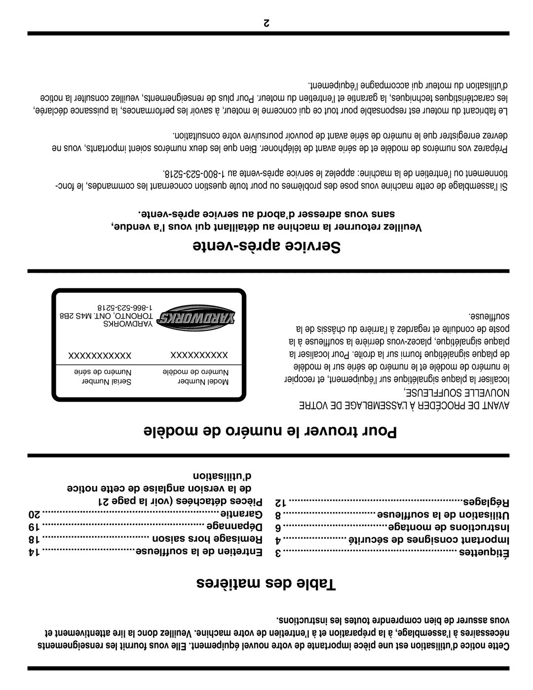 MTD 769-03250 warranty Vente-après Service, Modèle de numéro le trouver Pour, Matières des Table, Réglages 