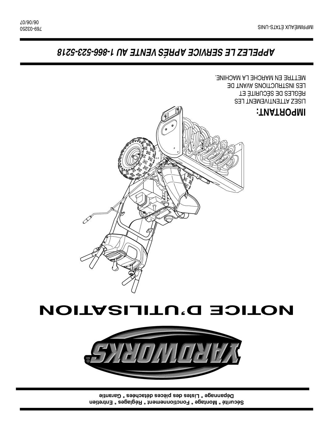 MTD 769-03250 warranty AU Vente Aprés Service LE Appelez, 03250-769 