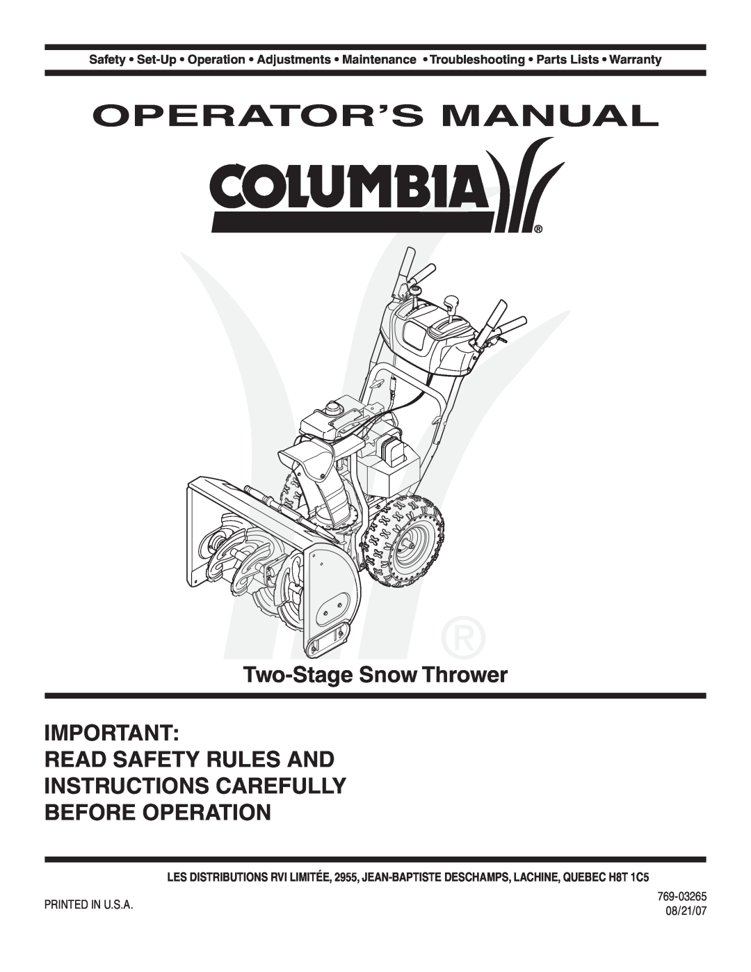 MTD 769-03265 warranty Operator’S Manual, Two-StageSnow Thrower, Read Safety Rules And Instructions Carefully, 08/21/07 