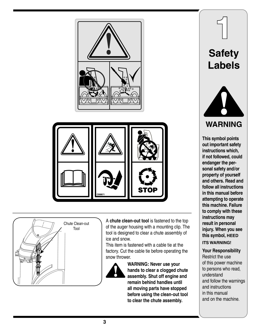 MTD 769-03265 warranty Safety Labels, in this manual and on the machine, ITS WARNING Your Responsibility Restrict the use 