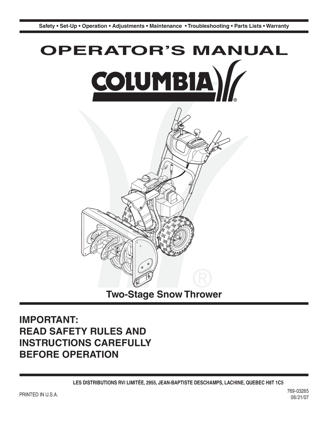 MTD 769-03265 warranty Two-Stage Snow Thrower, 08/21/07 