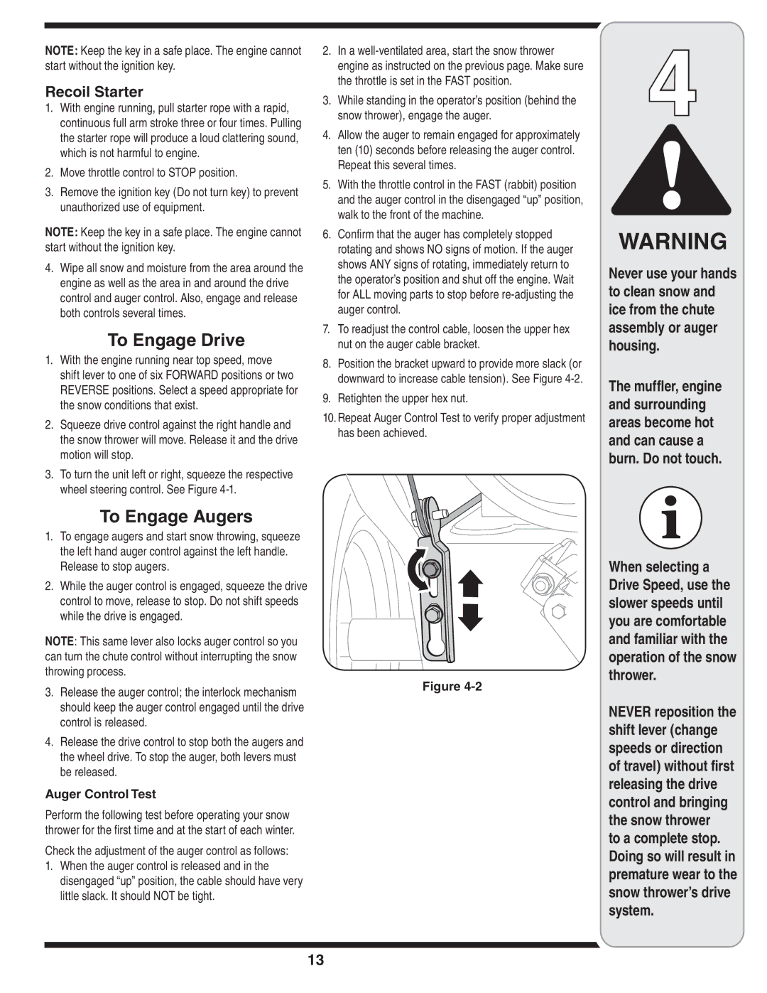 MTD 769-03265 warranty To Engage Drive, To Engage Augers, Recoil Starter, Auger Control Test 