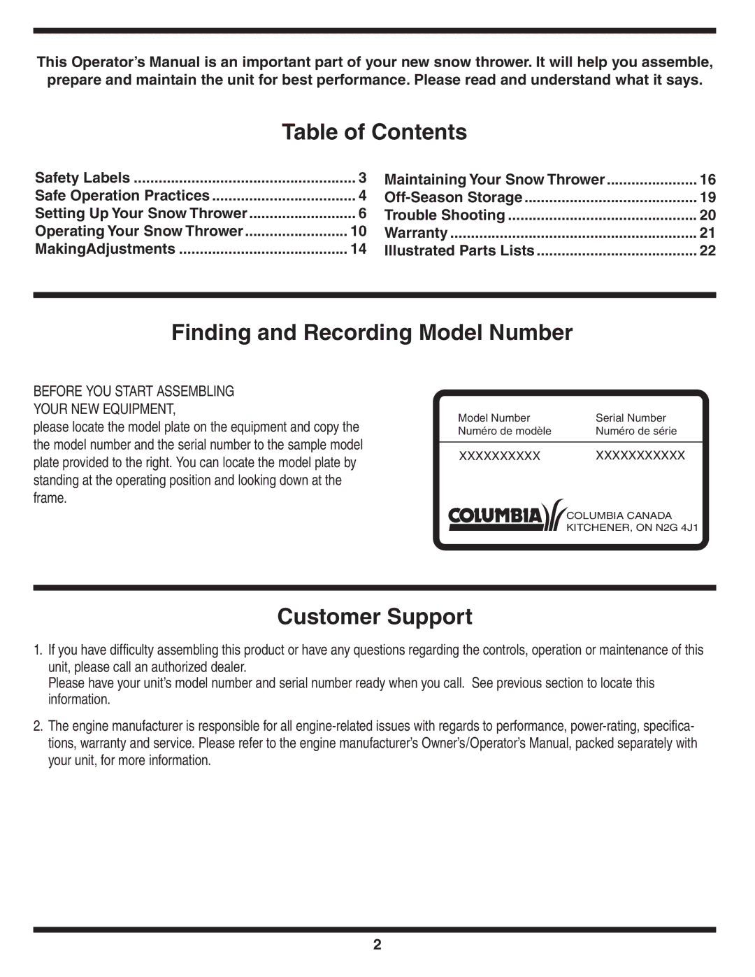 MTD 769-03265 warranty Table of Contents, Finding and Recording Model Number, Customer Support 