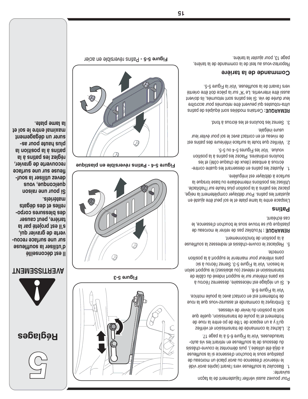 MTD 769-03265 warranty Réglages, Tarière la de Commande, Plastique en réversible Patins 4-5 Figure 