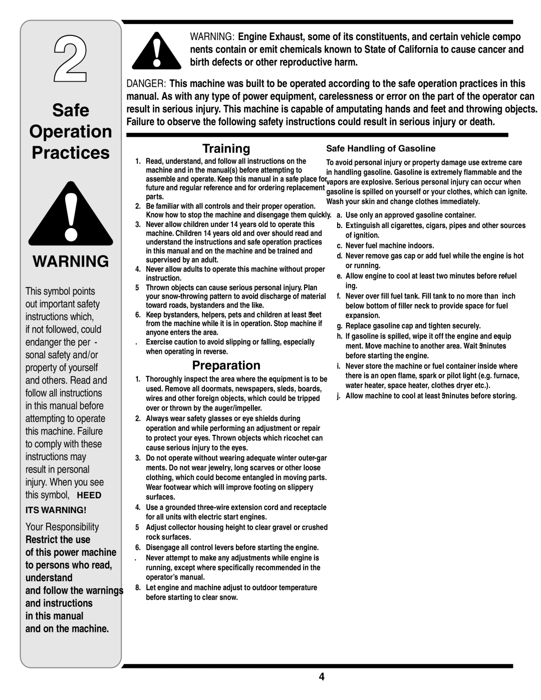 MTD 769-03265 warranty Safe Operation Practices, Training, Preparation, Your Responsibility, Safe Handling of Gasoline 