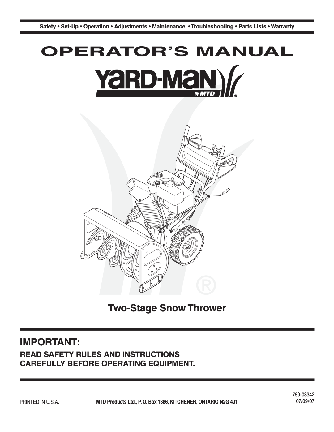 MTD 769-03342 warranty Operator’S Manual, Two-Stage Snow Thrower, Read Safety Rules And Instructions 