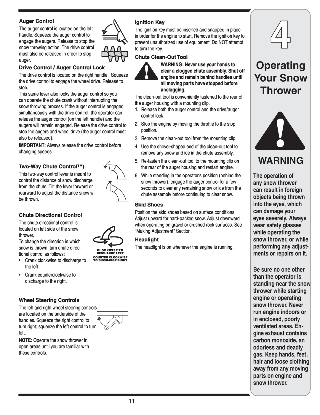 MTD 769-03342 Operating Your Snow Thrower, Drive Control / Auger Control Lock, Two-Way Chute Control, Ignition Key 