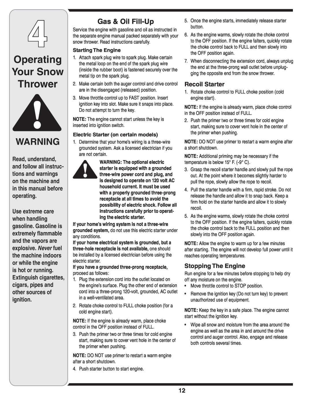 MTD 769-03342 Gas & Oil Fill-Up, Operating Your Snow Thrower, Starting The Engine, Electric Starter on certain models 