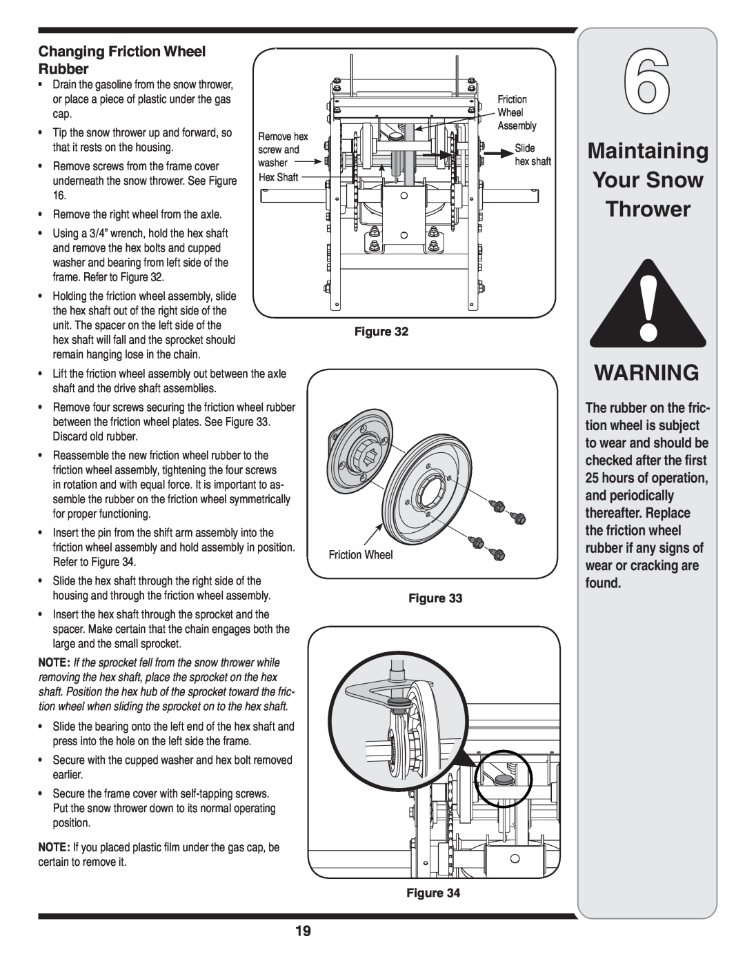 MTD 769-03342 warranty Maintaining Your Snow Thrower, Changing Friction Wheel Rubber, Remove hex screw and washer Hex Shaft 