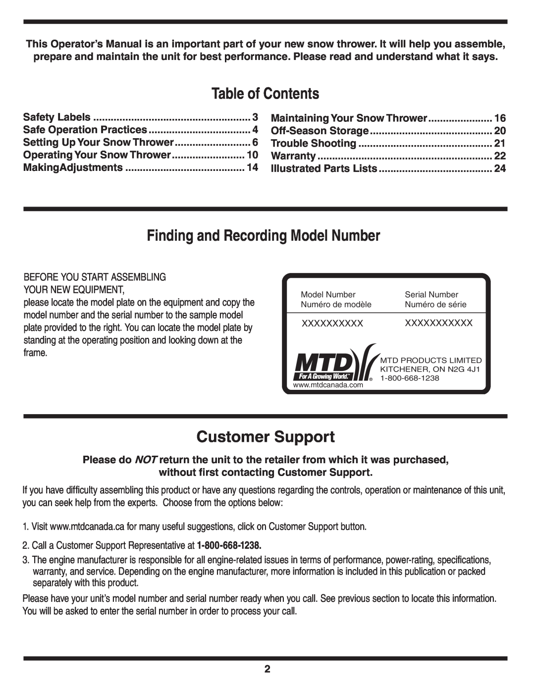 MTD 769-03342 warranty Table of Contents, Finding and Recording Model Number, Customer Support 