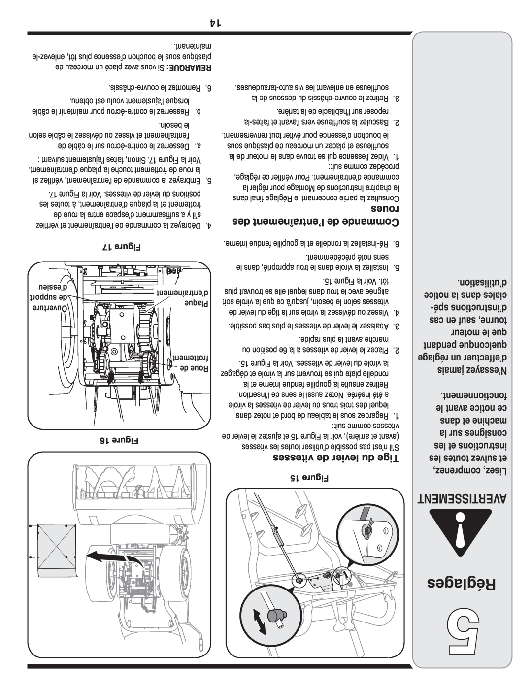 MTD 769-03342 warranty Réglages, Avertissement, Figure, d’essieu, support de, Ouverture, Plaque 